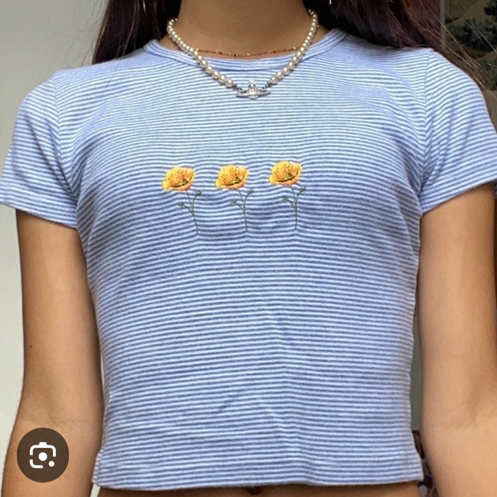 Brandy Melville Blue and White Striped Tee with Yellow Floral Embroidery